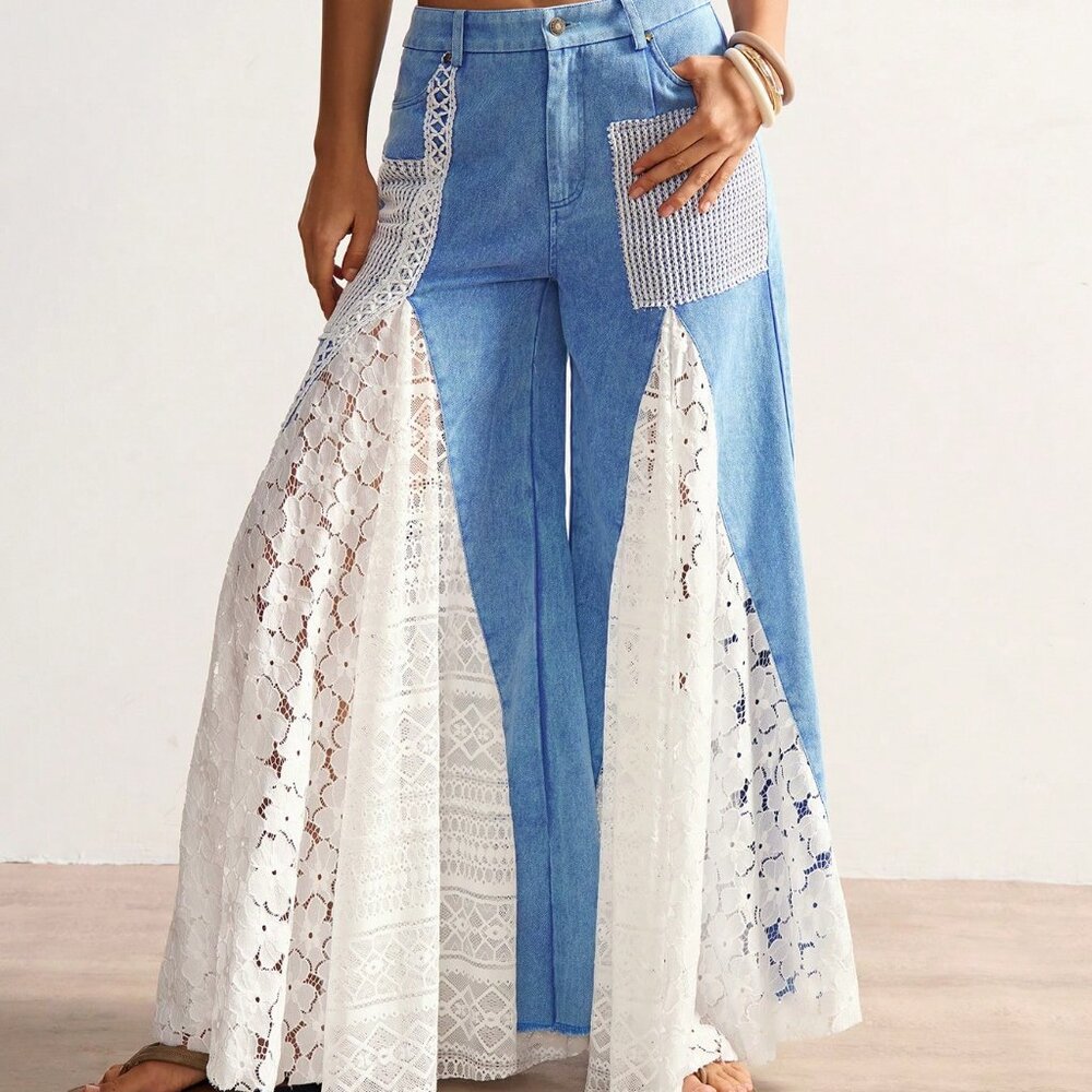 Blue And White Casual Women's Bohemian Style Mixed High Waist Bell Bottom Pants - Picture 2 of 7